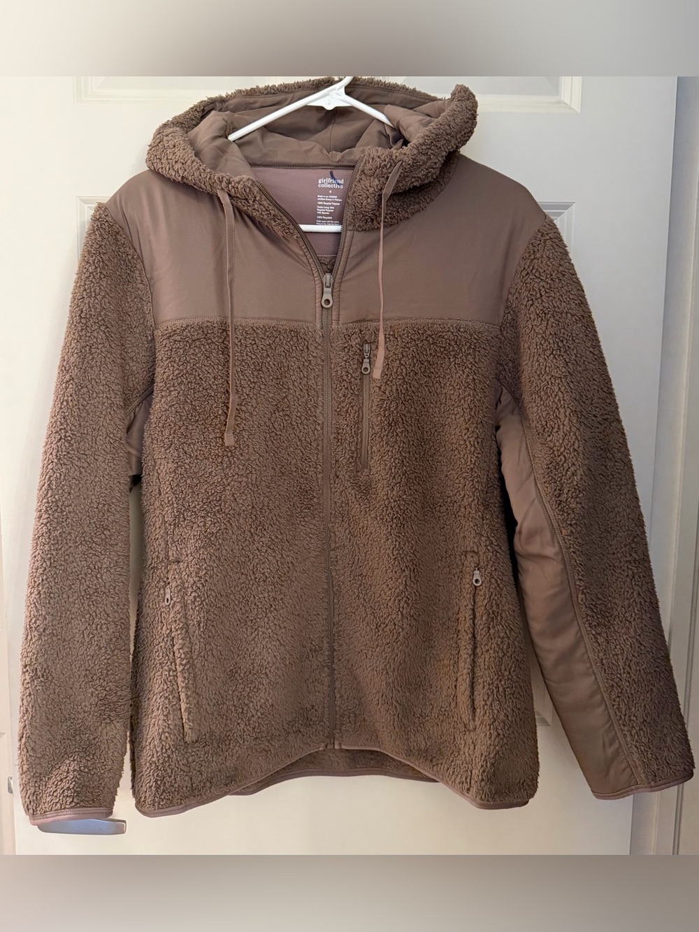 Girlfriend Collective Recycled Fleece Full Zip Hooded Jacket, Brown, Size 4